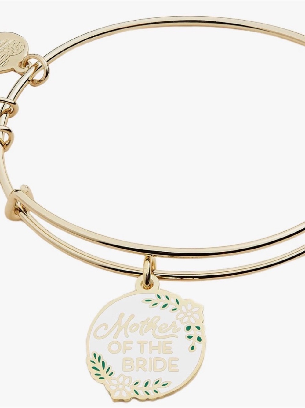 Alex and Ani Gold Bangle with White and Green 'Mother of the Bride' Charm